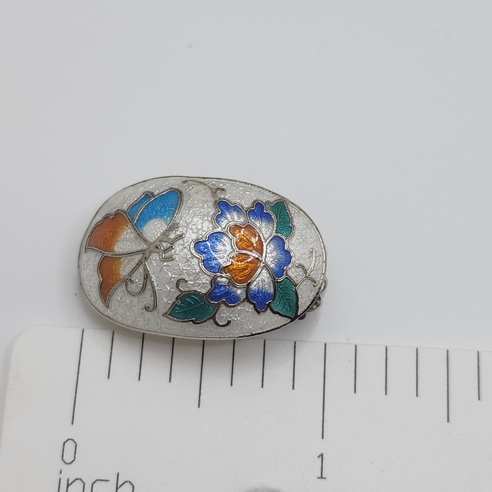Vintage Cloisonne Butterfly Floral Clip On Earrings White Enamel Oval Blue - Picture 7 of 9